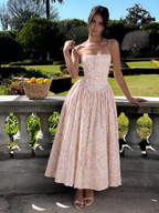 Women's Corset Midi Dress Strapless with Flowing Skirt - Pink