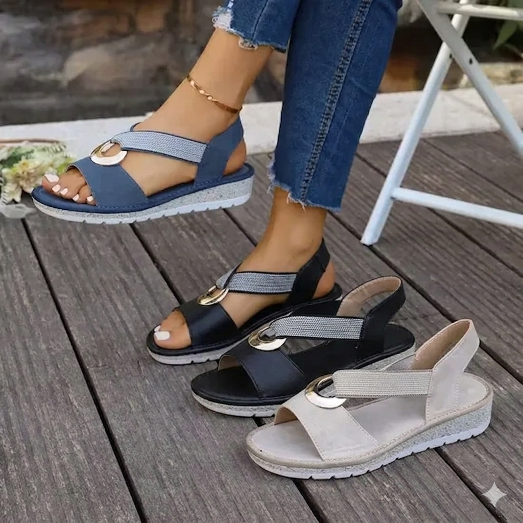 Women's Sandals with Elastic Straps and Wedge Sole - 15