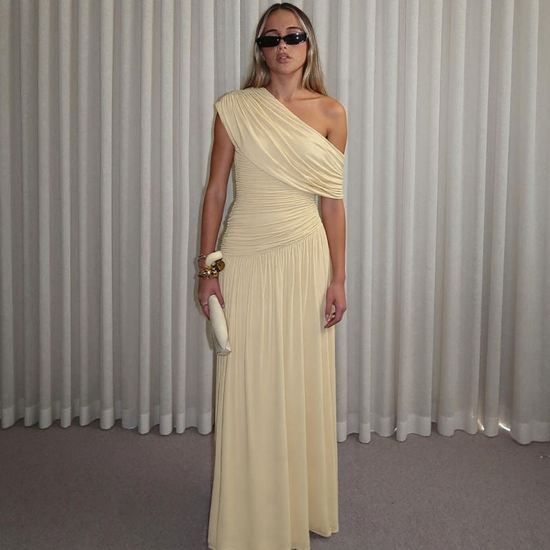 Women's One-Shoulder Maxi Dress with Ruched Bodice - Yellow
