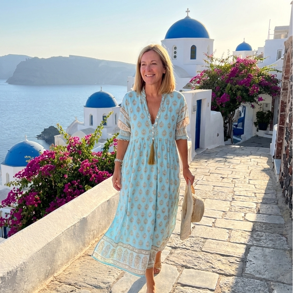 Women's Midi Dress with Button-Front and Half Sleeves - Blue