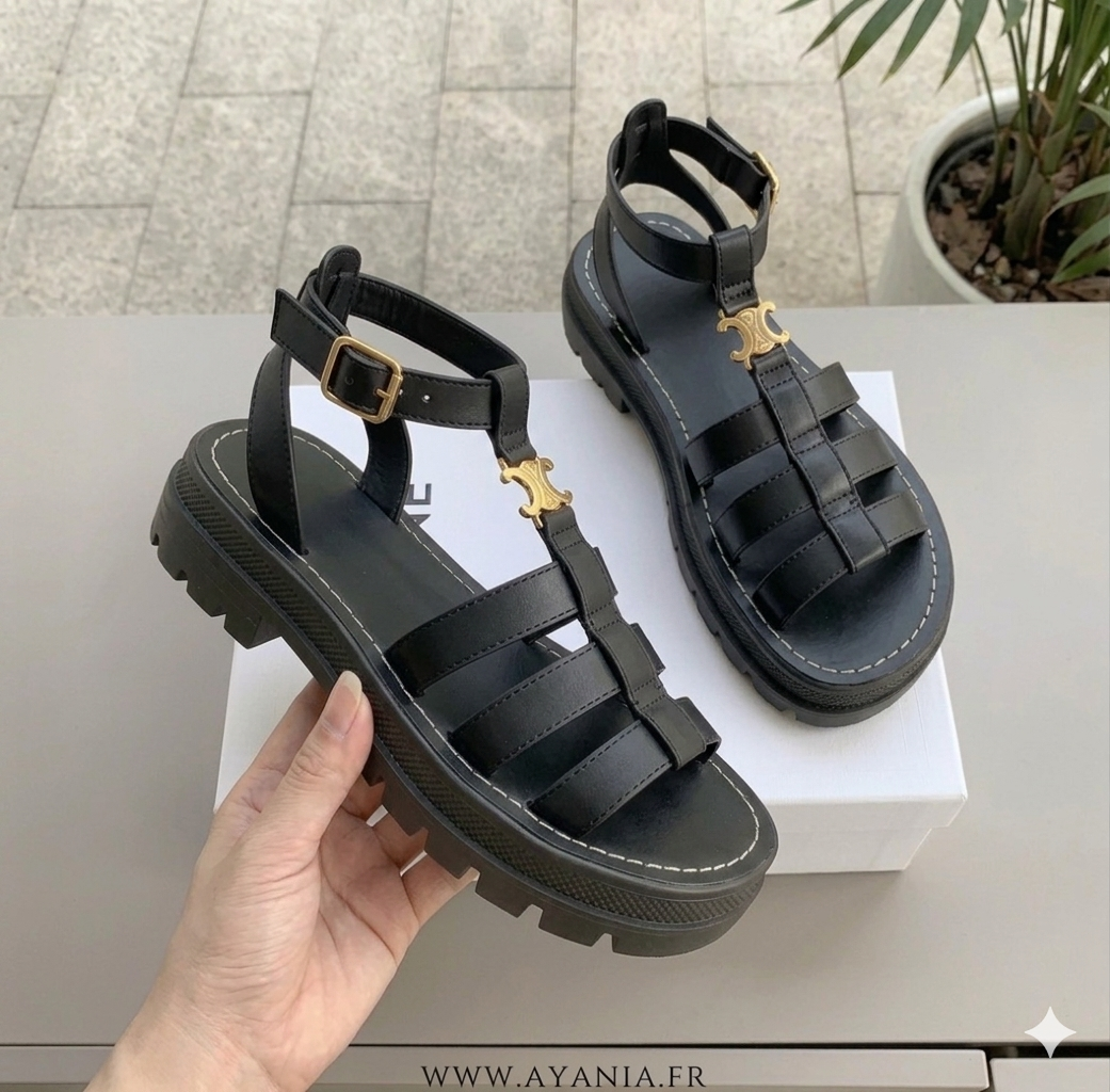 Women's Fisherman Sandals with Ankle Buckle Strap and Chunky Sole - Black