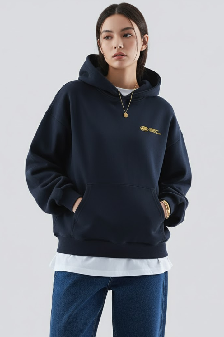 Women's Hoodie with Front Print and Relaxed Fit - Black