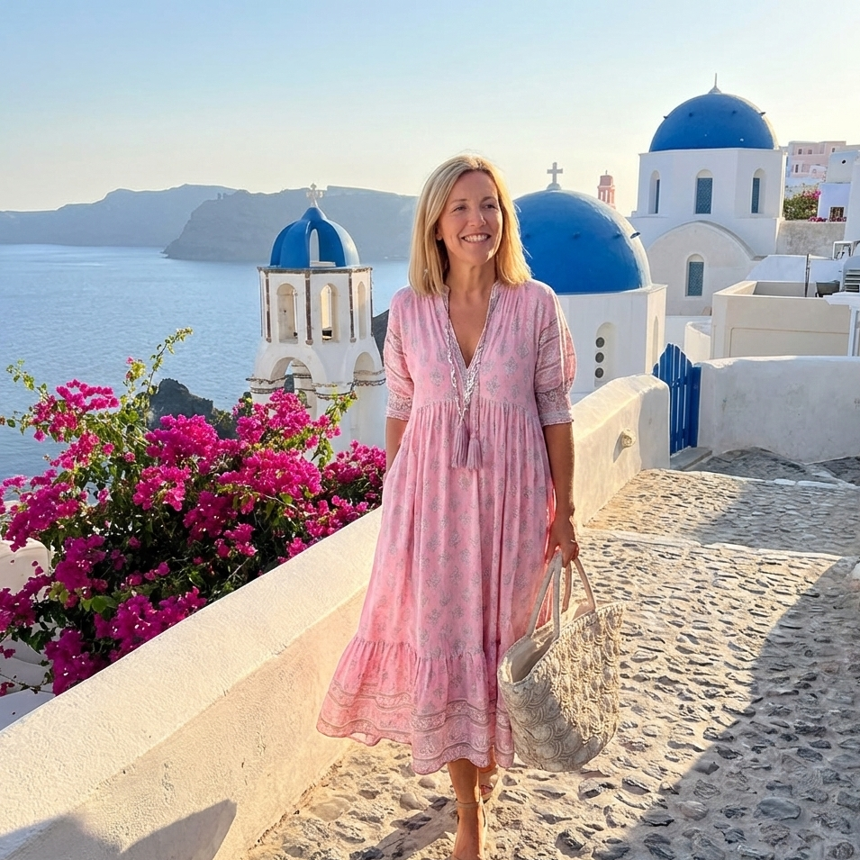 Women's Midi Dress with Button-Front and Half Sleeves - Pink