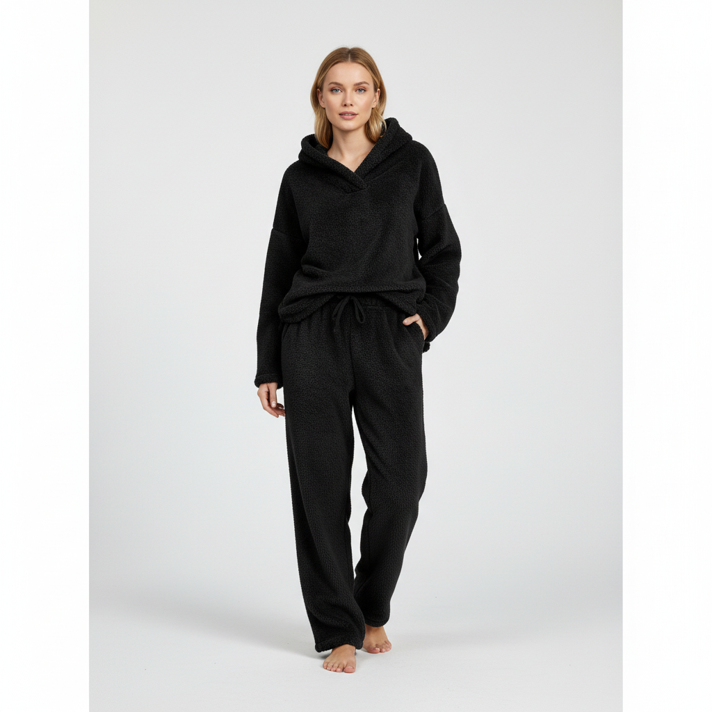 Women's Teddy Fleece Loungewear Set Hoodie and Trousers - Black