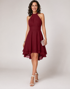 Women's Halter Dress Sleeveless with Ruffle Hem and Flared Skirt - Red
