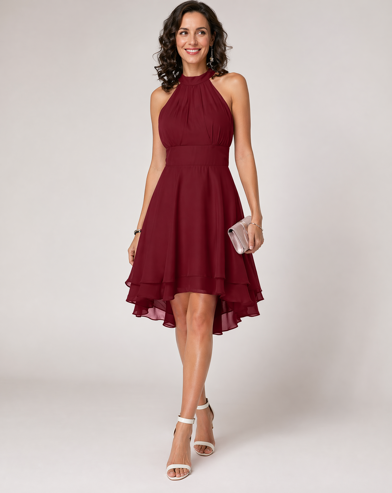 Women's Halter Dress Sleeveless with Ruffle Hem and Flared Skirt - Red