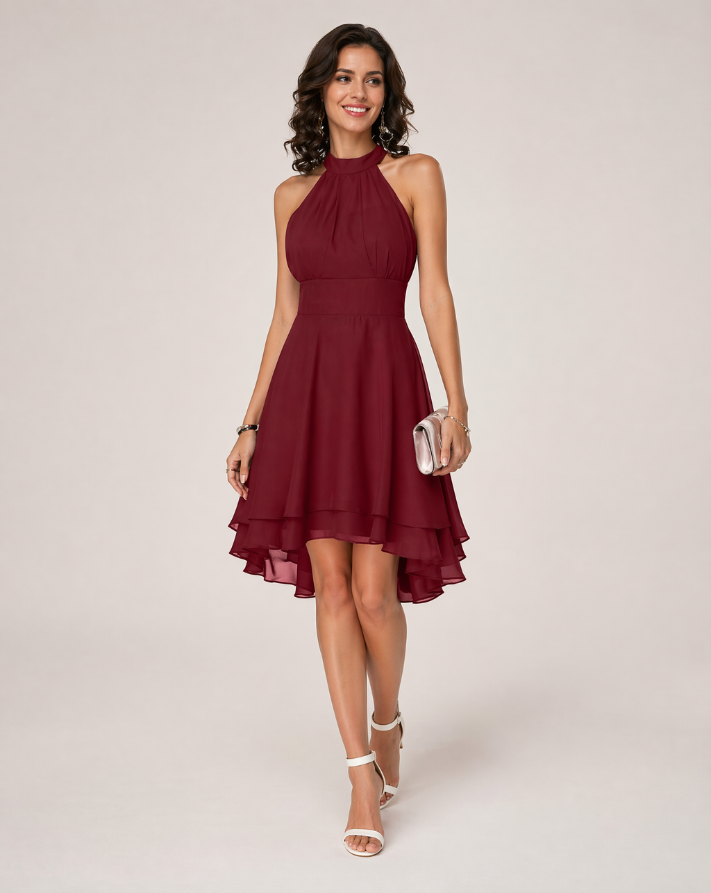 Women's Halter Dress Sleeveless with Ruffle Hem and Flared Skirt - 2