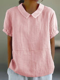 Women's Blouse Relaxed Fit with Peter Pan Collar and Short Sleeves - Pink