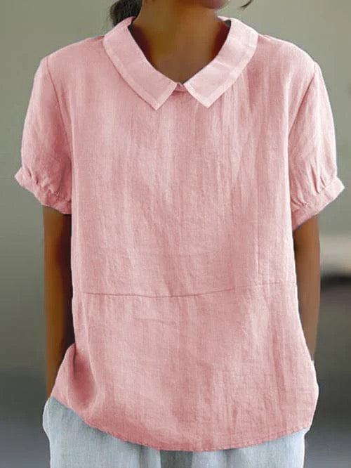 Women's Blouse Relaxed Fit with Peter Pan Collar and Short Sleeves - Pink