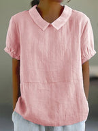 Women's Blouse Relaxed Fit with Peter Pan Collar and Short Sleeves - Pink