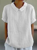 Women's Blouse Relaxed Fit with Peter Pan Collar and Short Sleeves - White