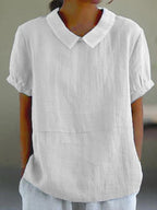 Women's Blouse Relaxed Fit with Peter Pan Collar and Short Sleeves - White