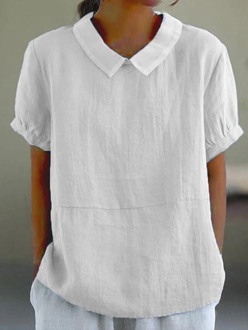 Women's Blouse Relaxed Fit with Peter Pan Collar and Short Sleeves - White