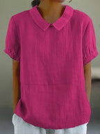 Women's Blouse Relaxed Fit with Peter Pan Collar and Short Sleeves - Fuchsia