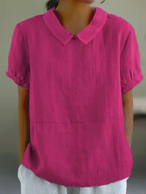 Women's Blouse Relaxed Fit with Peter Pan Collar and Short Sleeves - Fuchsia