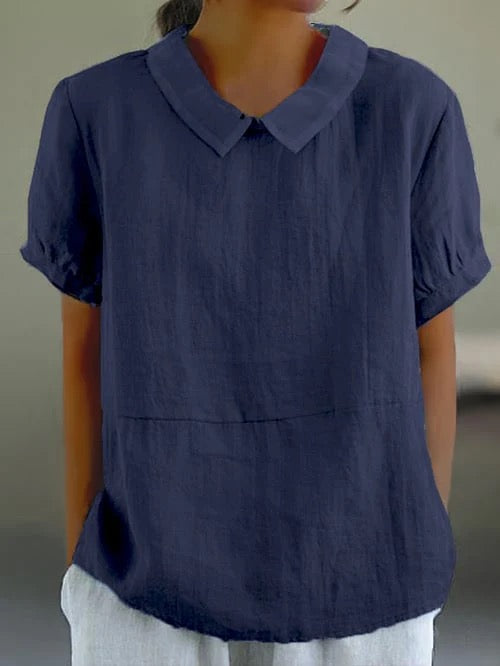 Women's Blouse Relaxed Fit with Peter Pan Collar and Short Sleeves - Dark Blue