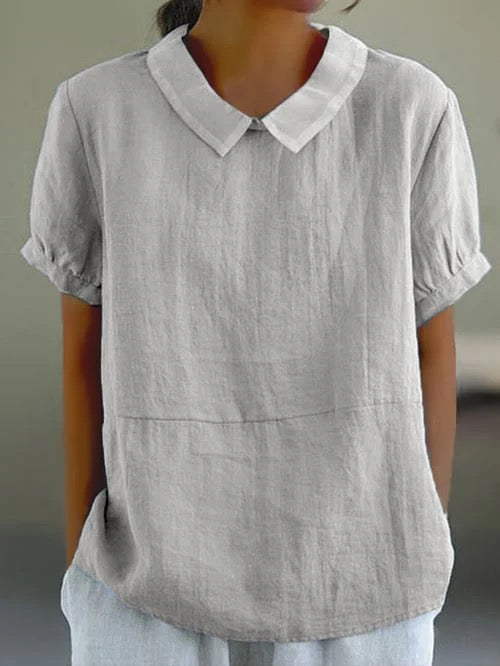 Women's Blouse Relaxed Fit with Peter Pan Collar and Short Sleeves - Light Grey