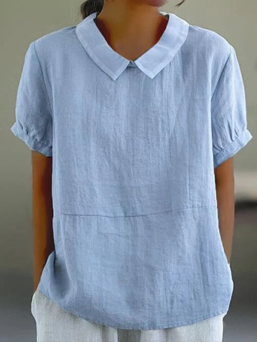 Women's Blouse Relaxed Fit with Peter Pan Collar and Short Sleeves - Light Blue