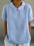 Women's Blouse Relaxed Fit with Peter Pan Collar and Short Sleeves - Light Blue