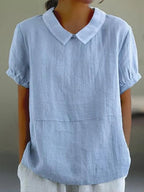Women's Blouse Relaxed Fit with Peter Pan Collar and Short Sleeves - Light Blue
