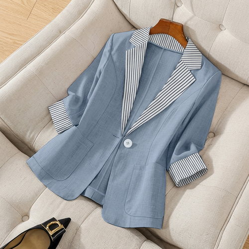 Women's Button Front Blazer Coat with Contrast Striped Collar - Powder Blue