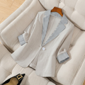 Women's Button Front Blazer Coat with Contrast Striped Collar - Light Cream
