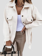 Women's Longline Button-Front Jacket with Collar and Chest Pockets - White
