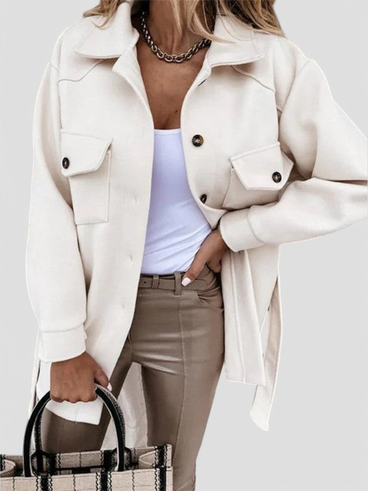 Women's Longline Button-Front Jacket with Collar and Chest Pockets - White