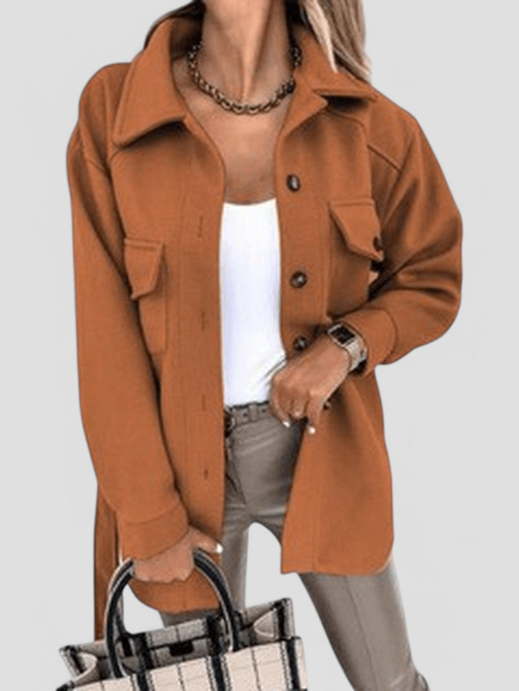 Women's Longline Button-Front Jacket with Collar and Chest Pockets - Khaki
