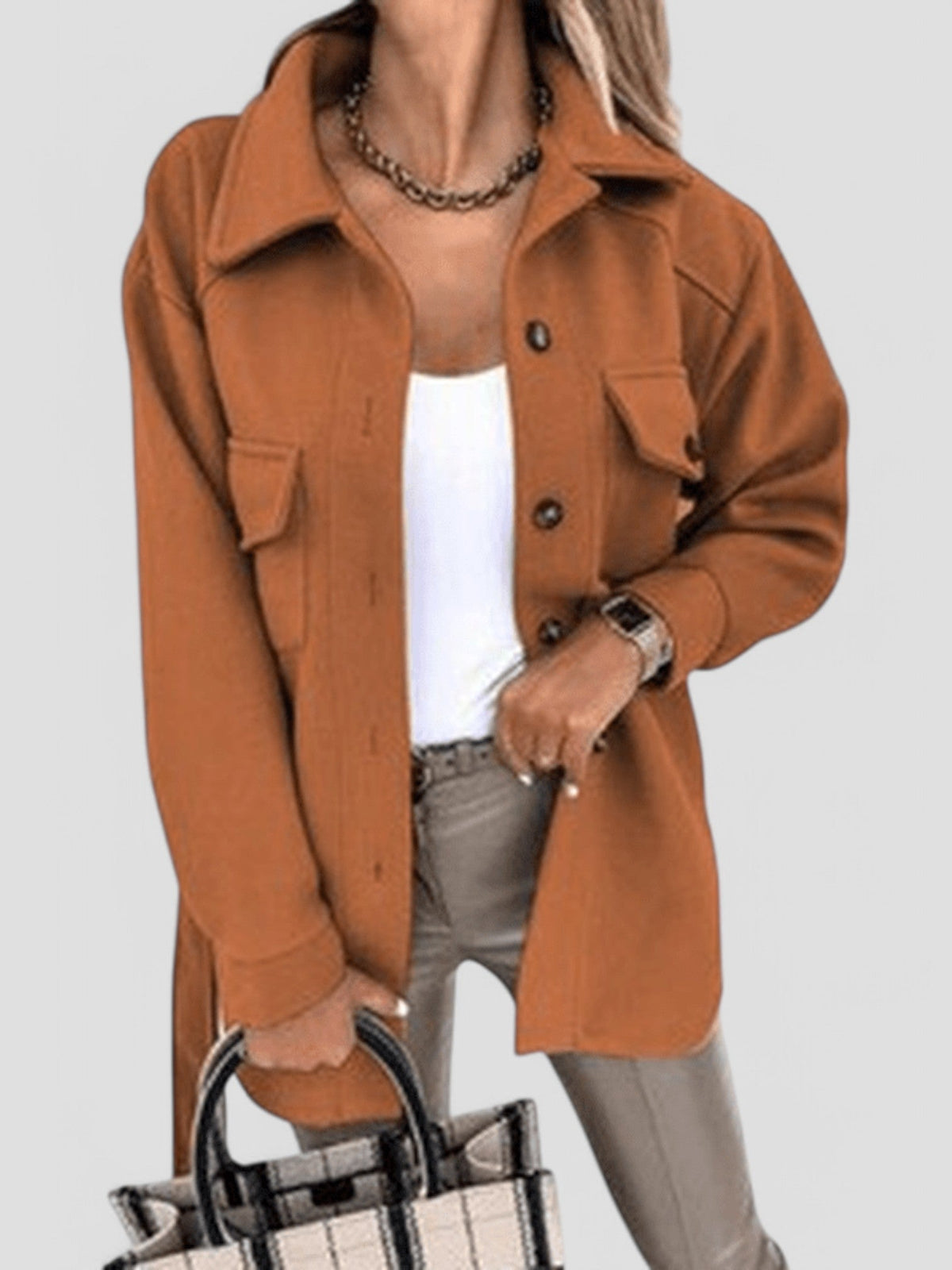 Women's Longline Button-Front Jacket with Collar and Chest Pockets - Khaki