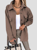 Women's Longline Button-Front Jacket with Collar and Chest Pockets - Brown