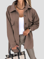 Women's Longline Button-Front Jacket with Collar and Chest Pockets - Brown