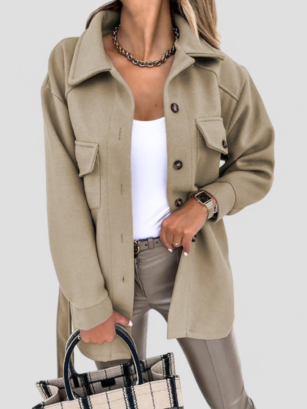 Women's Longline Button-Front Jacket with Collar and Chest Pockets - 2