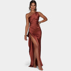 Women's One-Shoulder Maxi Dress with Pleated Draping and Thigh Split - 2