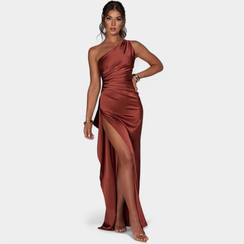 Women's One-Shoulder Maxi Dress with Pleated Draping and Thigh Split - 2