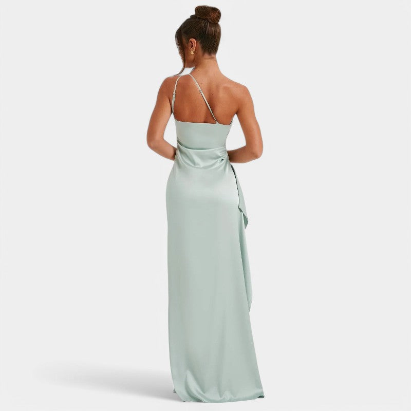 Women's One-Shoulder Maxi Dress with Pleated Draping and Thigh Split - 4