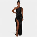 Women's One-Shoulder Maxi Dress with Pleated Draping and Thigh Split - 14