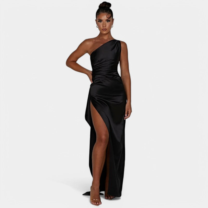 Women's One-Shoulder Maxi Dress with Pleated Draping and Thigh Split - 14