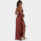 Women's One-Shoulder Maxi Dress with Pleated Draping and Thigh Split - 3