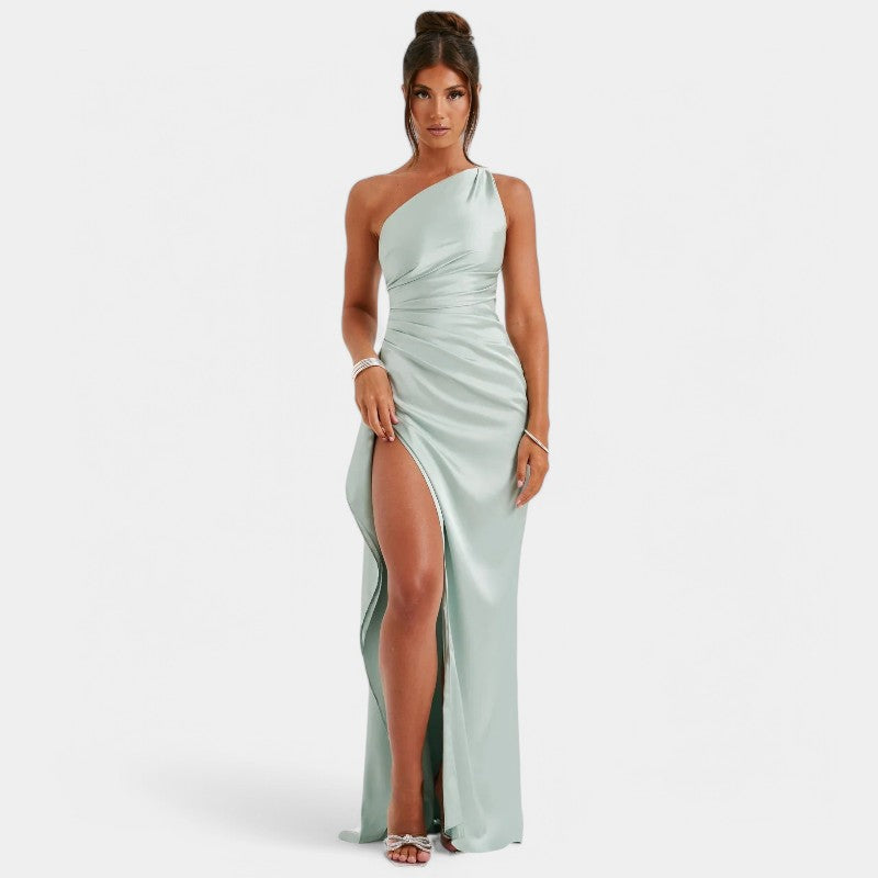 Women's One-Shoulder Maxi Dress with Pleated Draping and Thigh Split - 7