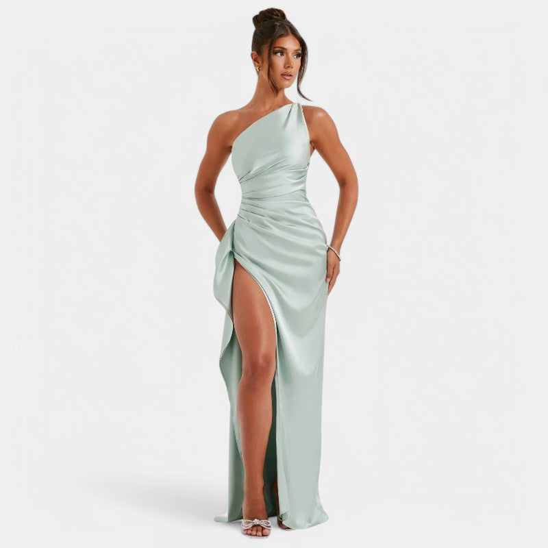 Women's One-Shoulder Maxi Dress with Pleated Draping and Thigh Split - 11