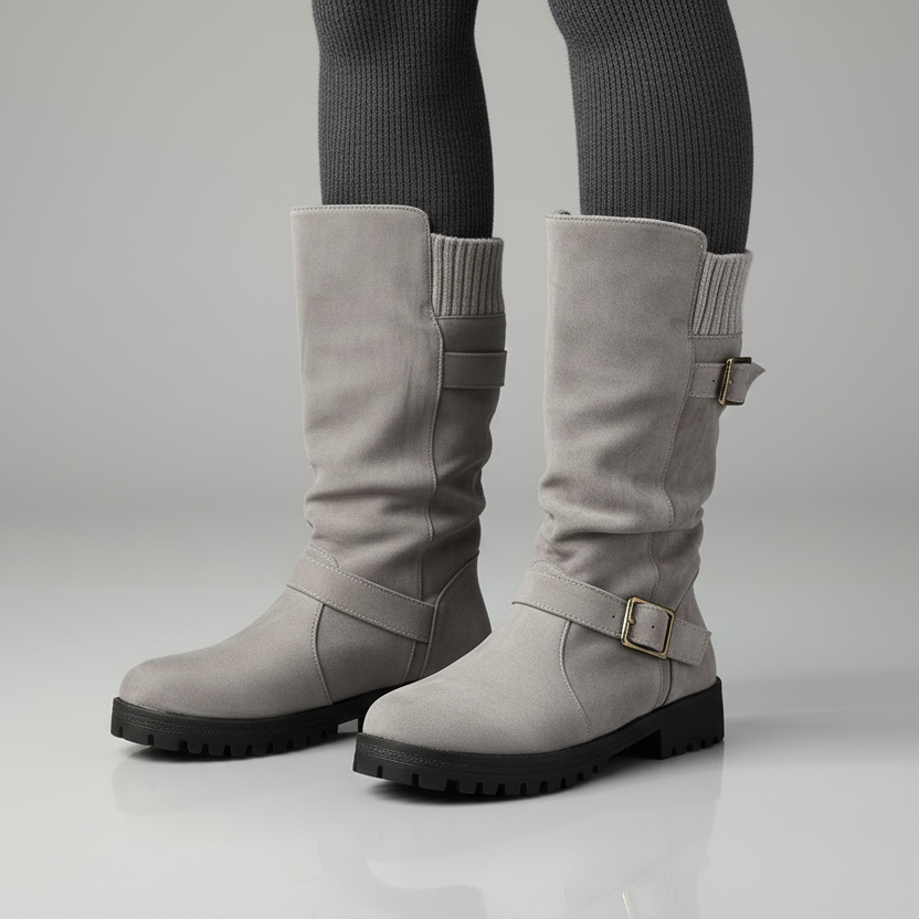Women's Ankle Boots with Knit Cuff and Buckle Detail - Grey Silver