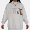 Women's Graphic Crewneck Oversized Sweatshirt with Patchwork Appliqué - Gray