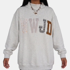 Women's Graphic Crewneck Oversized Sweatshirt with Patchwork Appliqué - Gray