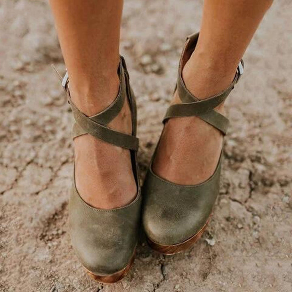 Women's Closed-Toe Wedge Heels with Crossover Ankle Strap - Green