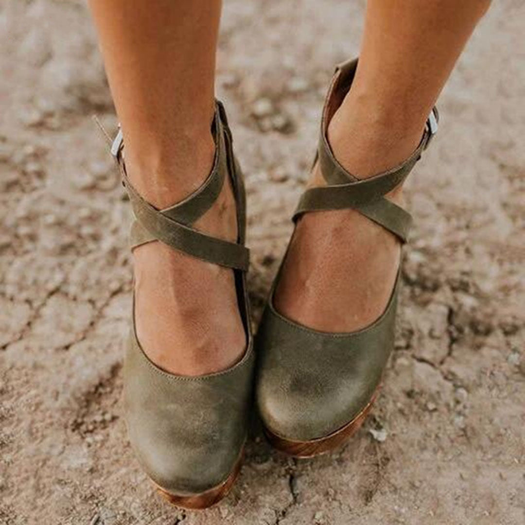 Women's Closed-Toe Wedge Heels with Crossover Ankle Strap - Green