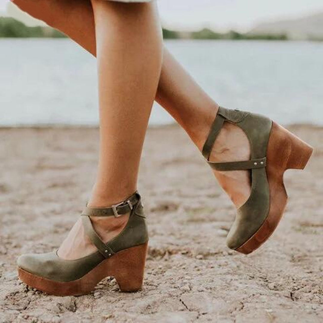 Women's Closed-Toe Wedge Heels with Crossover Ankle Strap - 4