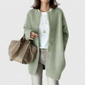 Women's Longline Cardigan with Round Neck and Button Front - Green