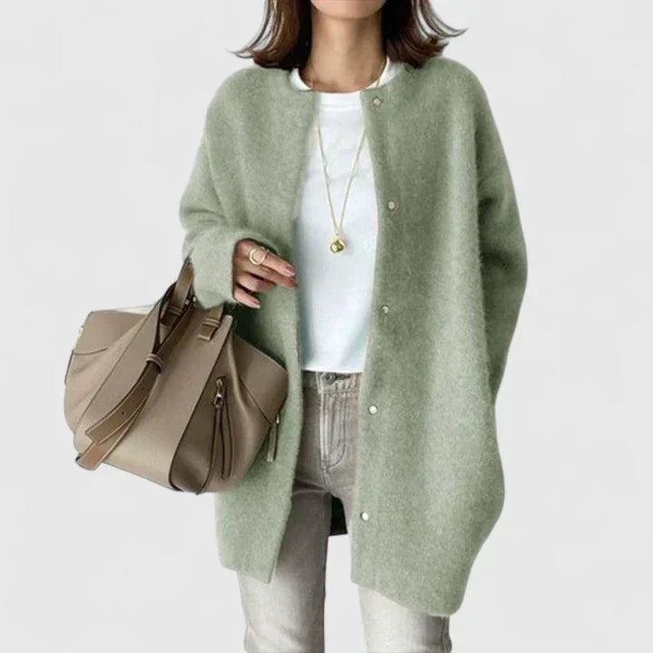 Women's Longline Cardigan with Round Neck and Button Front - Green