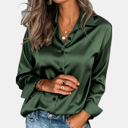 Women's Satin Button Front Long Sleeve Blouse - Green